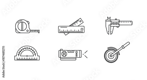 Set of outline icons representing various measuring tools, including a tape measure, ruler, caliper, protractor, laser level, and measuring wheel, presented in a clean, ordered line art style for