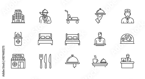 Minimalist vector icon collection representing hospitality services, including hotel building, concierge with headset, luggage cart, room service cloche, bellboy, beds, reception desk, and dining