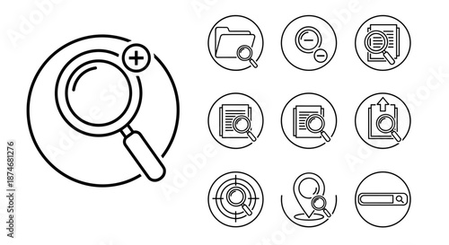 Collection of outline magnifying glass and search icons within circles, representing zoom, find, website app UI buttons, folder search, document search, location search, and search bar. This black