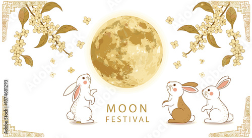 Vibrant Mid-Autumn Festival vector template featuring a luminous golden full moon, delicate osmanthus branches with blossoms, and adorable rabbits gazing upwards, all set against a clean white