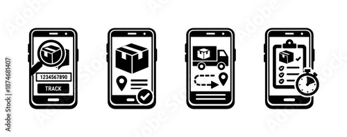 Shipping and delivery tracker vector icons set - logistic, mobile, shipment