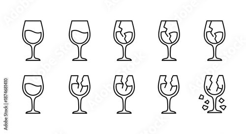 Collection of minimalistic line icons depicting wine glasses, showcasing various stages of breakage from minor cracks to shattered fragments, presented in a clean, linear pictogram style suitable for