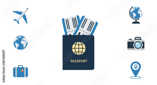 Vibrant flat design illustration of a passport with boarding passes, symbolizing air transportation and international tourism. Includes icons of an airplane, globes, a camera, a suitcase, and a