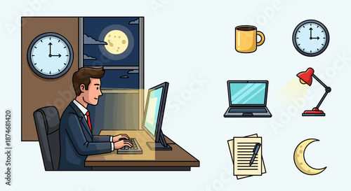 Businessman working overtime in a dimly lit office at night, illuminated by a desk lamp and computer screen, with a clock showing late hours and a moon visible through the window, symbolizing