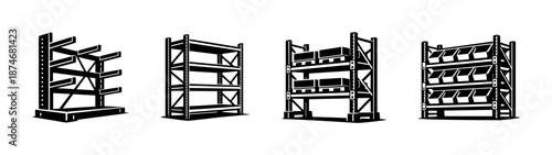 Warehouse storage solutions: vector icons set of shelving units, racks, and bins