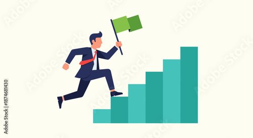 Ambitious businessman running up career staircase with green flag in hand, heading for the top and success, flat design illustration symbolizing growth, achievement, and reaching goals in business