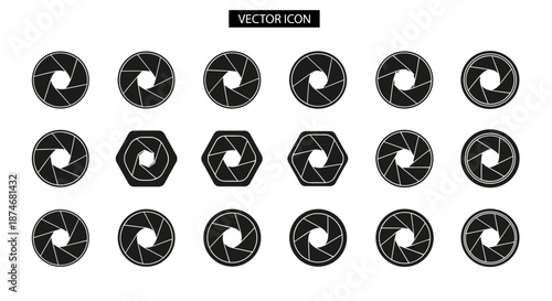 Set of camera shutter icons in black and white, featuring unique designs with circular and hexagonal outlines, perfect for photography, graphic design, and web design projects, offering a versatile