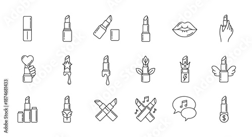A collection of minimalistic linear pictograms representing various lipstick concepts, including closed and open tubes, dripping lipstick, lipsticks with decorative elements like hearts, stars