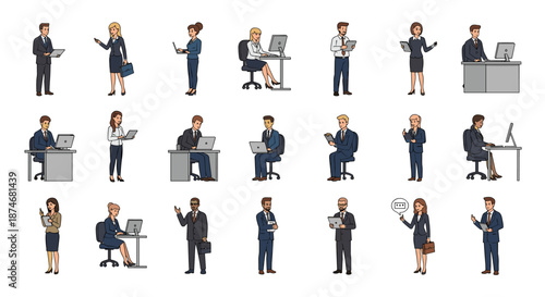 Diverse group of businesspeople and working professionals in a vector collection, showcasing individuals standing, actively engaged in work, utilizing computers, and communicating, presented in a