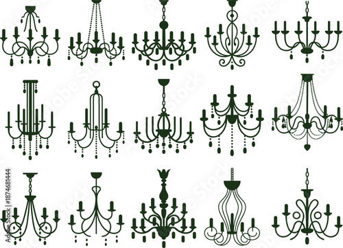 Elegant chandelier silhouette collection featuring classic vintage hanging lights, decorative ceiling lamp designs, ornate lighting elements isolated on white background