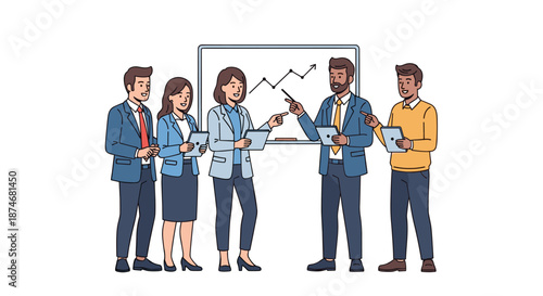Diverse group of five business professionals, men and women, in smart casual attire, gathered around a whiteboard, engaged in a lively discussion, pointing at a graph, and holding tablets