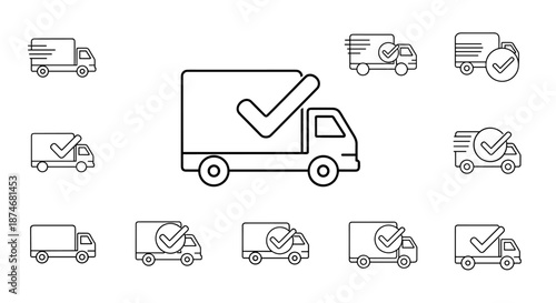 Set of outline icons representing delivery trucks with checkmarks, symbolizing successful delivery, order confirmation, and logistics services. These linear vector graphics are perfect for web