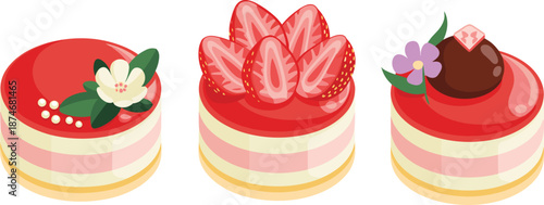 Elegant layered cakes with red glaze and artistic toppings, perfect for patisserie, dessert design, gourmet presentation, and culinary branding visuals