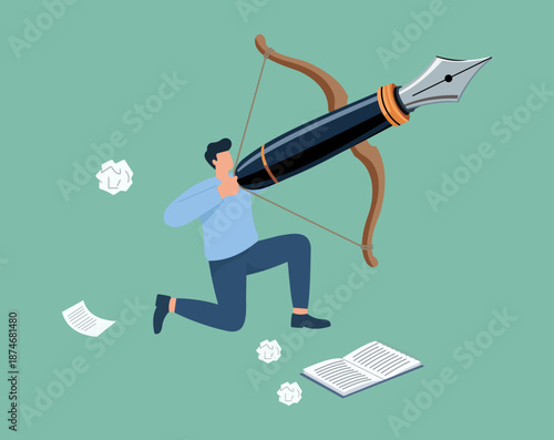 Man Aiming Giant Fountain Pen Arrow on Bow at Target, Creative Writing Strategy, Content Marketing Precision, Targeted Copywriting, Powerful Storytelling, Writing with Purpose