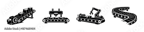 Conveyor belt vector icons set. factory, production, automation symbols included.