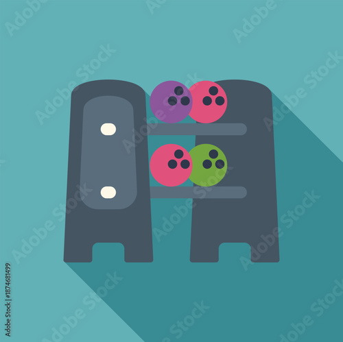 Bowling balls resting on a rack with a long shadow effect