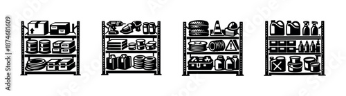 Warehouse storage supplies. vector icons set. shelves, boxes, tools, products.