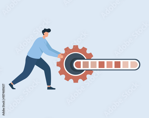 Man pushing gear to advance progress bar illustrating work process and loading status, System optimization, Work in progress, Software update, Process management, Technical maintenance