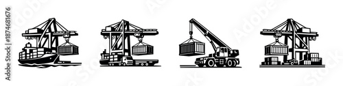 Port and cargo vector icons set. crane, ship, container flat symbols for transport