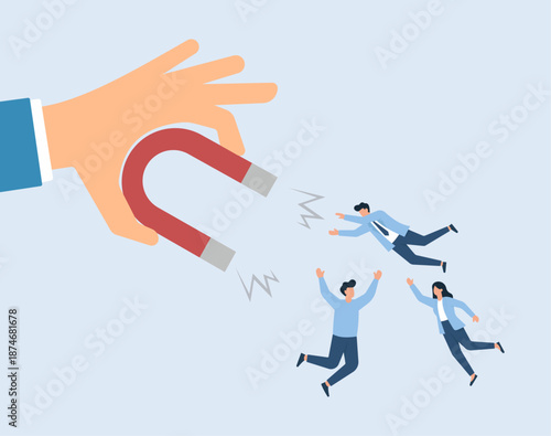 Business Recruitment and Lead Generation Concept with Giant Hand Holding Magnet Attracting People, Customer acquisition, talent recruitment, inbound marketing strategy, lead generation campaign