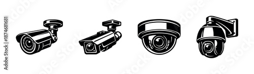 Security cameras vector icons set. surveillance, cctv, monitoring symbols. black, white style.