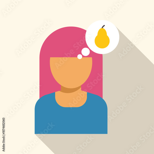 Woman having a thought bubble with a yellow pear, representing healthy food choices