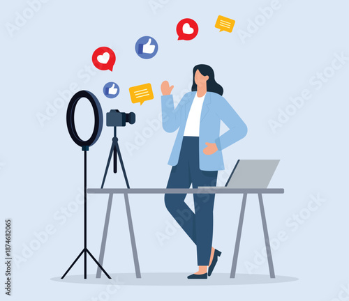 Woman Influencer Creating Video Content for Social Media with Camera and Ring Light, Social Media Marketing, Content Creation, Video Blogging, Digital Influencer, Online Engagement