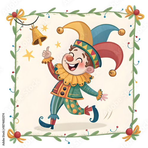 Vibrant jester ringing bell with festive frame and colorful attire on transparent background