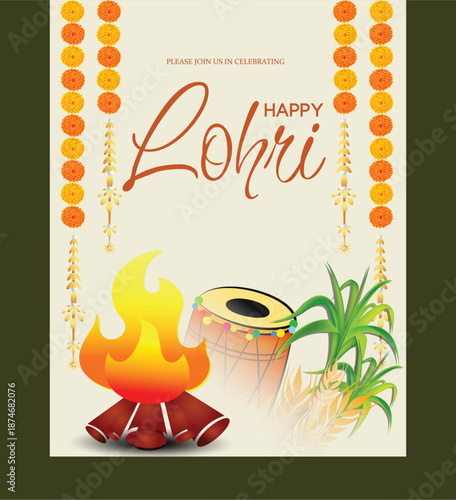 vector illustration of Happy Lohri holiday festival of Punjab India with beautiful background