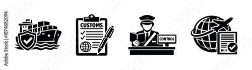 Customs and shipping vector icons set: logistics, security, control symbols