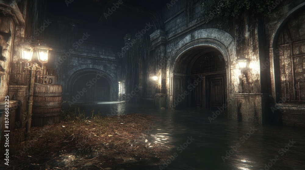 Obraz premium An old stone tunnel with waterlogged floors and decaying debris lit by dim lights