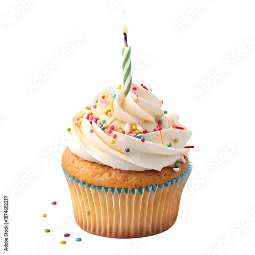 Delicious vanilla cupcake with white frosting colorful sprinkles and lit birthday candle on top on transparent background
