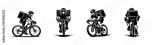 Cyclist delivery vector icons set: courier symbols, biking, transportation graphics
