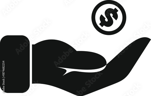 Hand silhouette catching a floating dollar symbol coin representing currency and savings