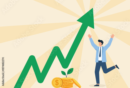Businessman Celebrating Financial Growth and Investment Success with Rising Arrow and Gold Coins, Financial Success, Stock Market Growth, Business Achievement, Profitable Investment, Economic Recovery