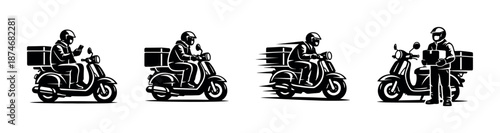Scooter delivery vector icons set. courier, fast delivery, transportation symbols.