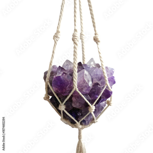 Raw Amethyst Crystal Macrame Hanger for Home Decor & Healing on transparent background