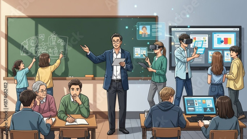 Modern classroom with teacher and students using technology