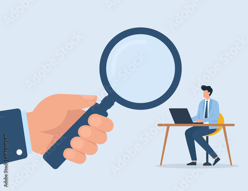 Giant Hand Holding Magnifying Glass Examining Employee Working at Desk, Employee Monitoring, Corporate Recruitment, Performance Review, Workplace Surveillance, Detailed Investigation