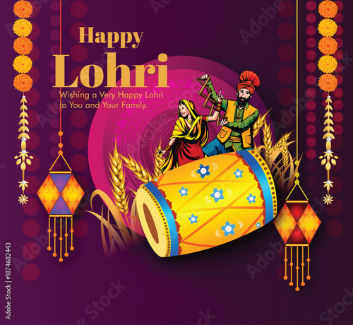 vector illustration of Happy Lohri holiday festival of Punjab India with beautiful background