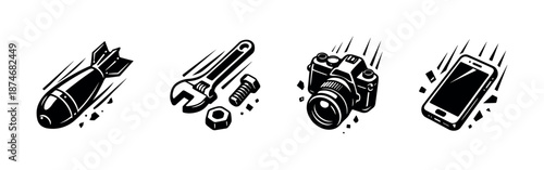 Retro technology vector icons set: wrench, camera, smartphone, bomb illustrations