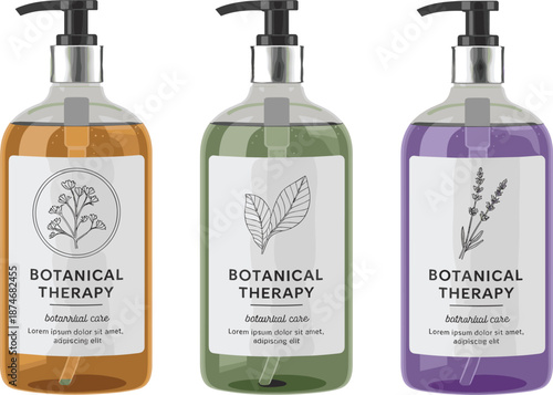Three botanical therapy pump bottles with colorful liquids and illustrated labels for herbal skincare, cosmetic packaging, and wellness product branding visuals