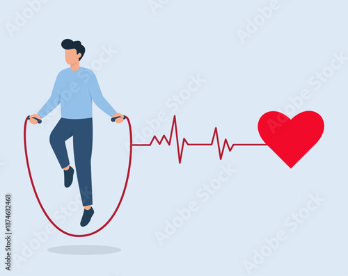Man jumping rope with EKG heartbeat line connecting to red heart, Cardiovascular Health, Aerobic Exercise, Heart Rate Monitoring, Healthy Lifestyle, Fitness Motivation