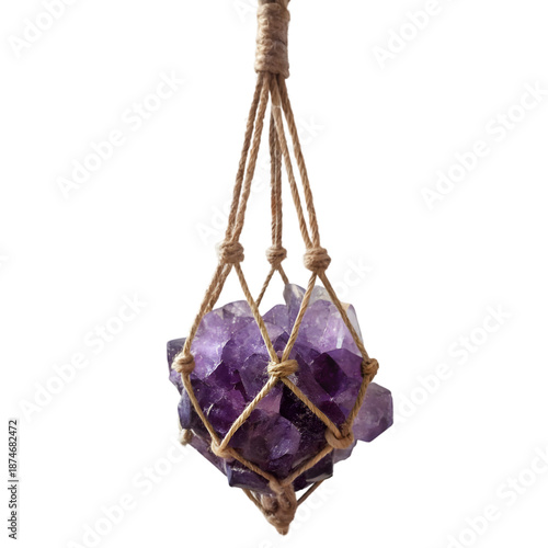 Amethyst Crystal Cluster Wrapped in Natural Macrame Hanging Ornament with Earthy Tones and Boho Chic Style on transparent background