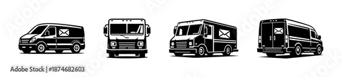 Mail delivery vehicles vector icons set in black and white - postal, transport, courier