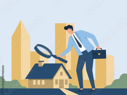 Businessman with Magnifying Glass Inspecting House Model for Real Estate Valuation, Property Inspection, Real Estate Market Analysis, Home Buying Search, Mortgage Investment Opportunity