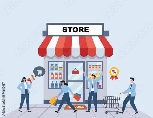 Flat vector illustration of a retail store promotion with happy shoppers, marketing staff, and discounts, Retail Marketing Campaign, Customer Shopping Experience, Store Front Promotion