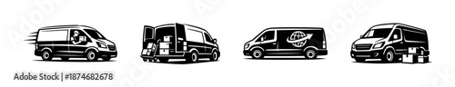 Delivery vehicles vector icons set: cargo van, transport, shipping symbols