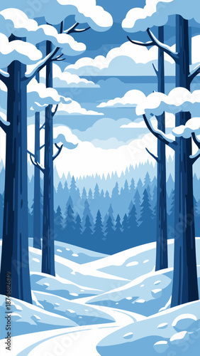 Vector illustration of a serene winter forest landscape with snow-covered trees and a winding path