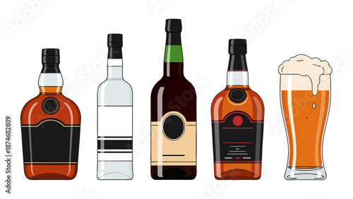 Vector illustration of assorted alcoholic beverage bottles and a glass of beer